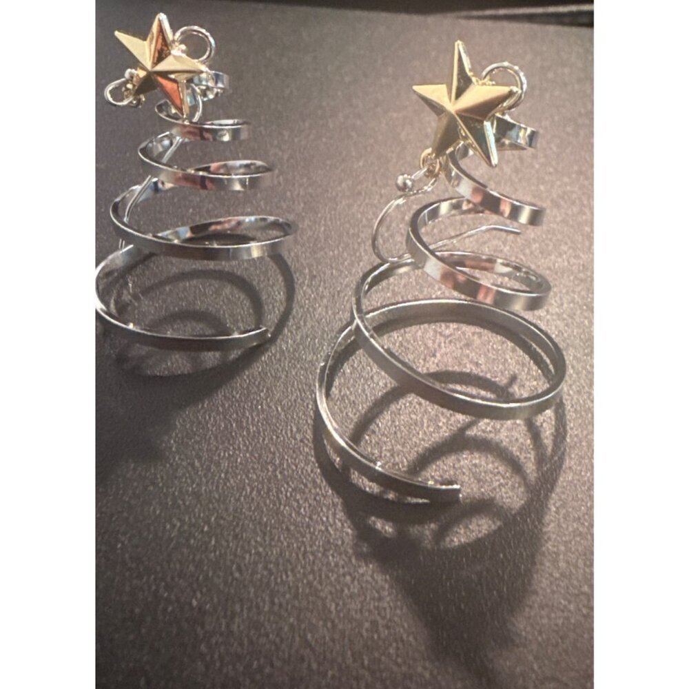 Silver Christmas Tree Spiral Earrings With Gold Star - Picture 4 of 4